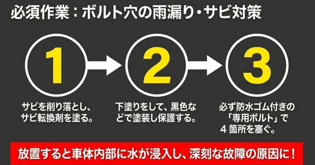 ジムニーのスペアタイヤレス：背面タイヤを外した後のボルト穴の雨漏り対策とサビ防止の必須作業