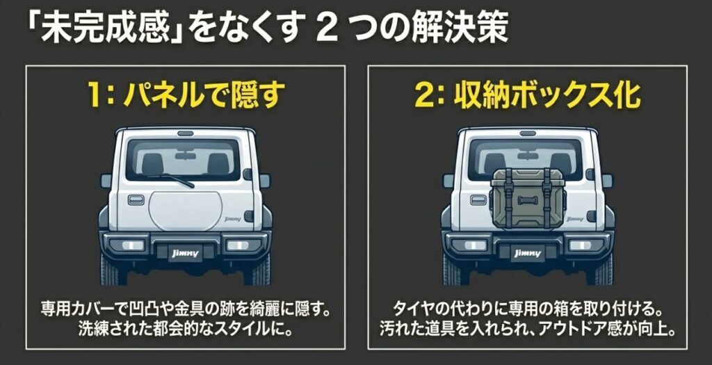 ジムニー：スペアタイヤを外した後の未完成感をなくす解決策（スムージングパネルと収納ボックス）