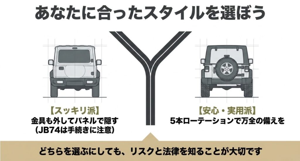 ジムニー：あなたに合ったスタイルを選ぼう。金具も外してパネルで隠すスッキリ派と、5本ローテーションで備える安心・実用派の比較