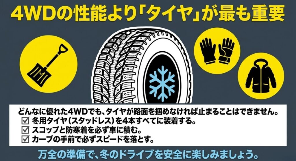 スタッドレスタイヤ、スノースコップ、防寒具などジムニーの雪道走行に必要な装備