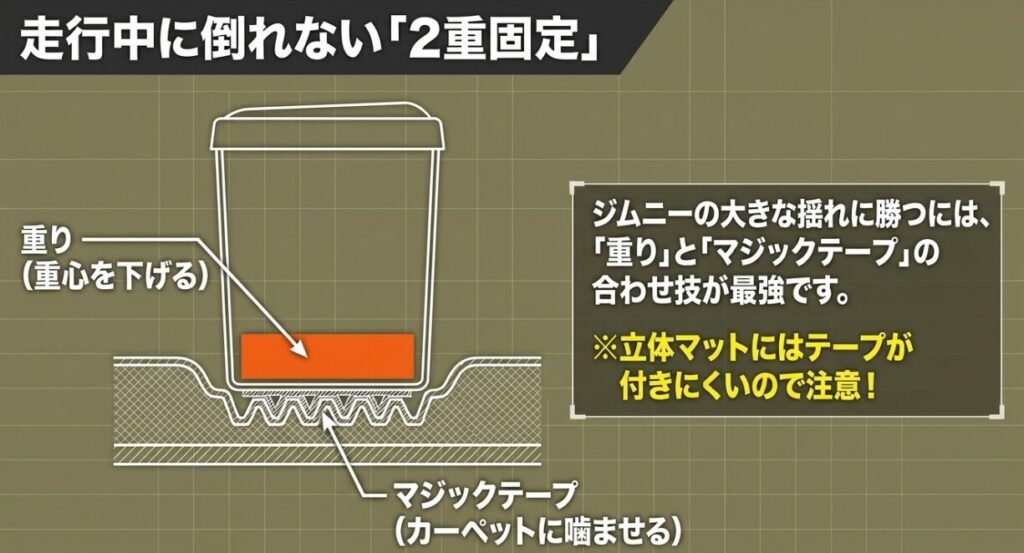 ジムニーのゴミ箱をおもりとマジックテープの二重固定で走行中の転倒やズレから防ぐ方法