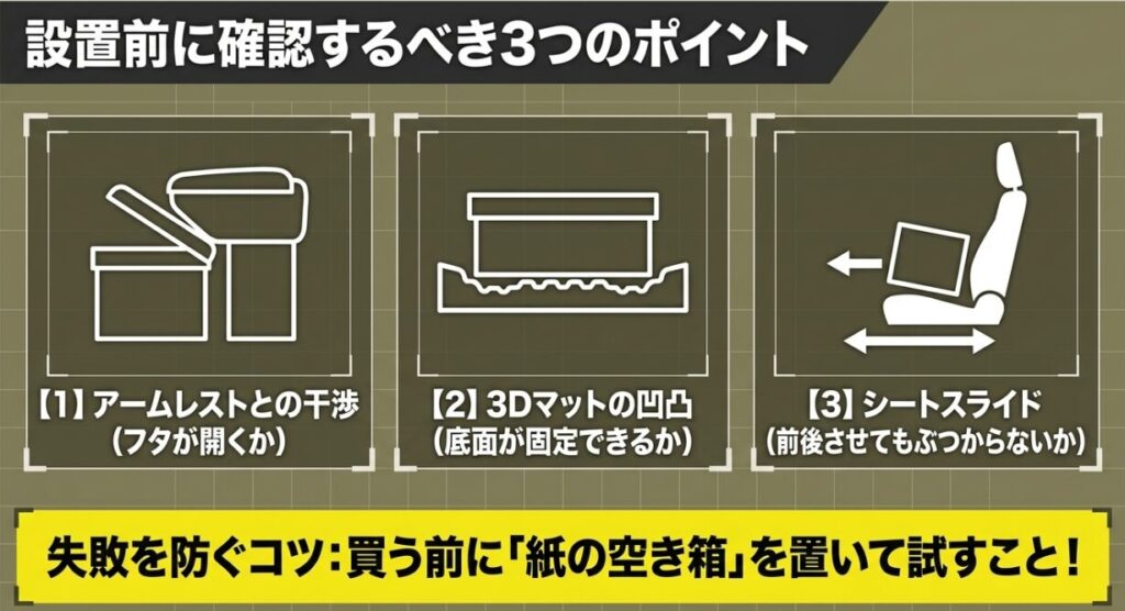ジムニーのゴミ箱設置前にアームレスト、3Dマット、シートスライドとの干渉を確認する3項目