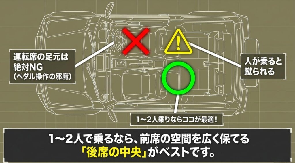 ジムニーの運転席足元は避け、1〜2人乗車なら後席中央へゴミ箱を置く位置比較図