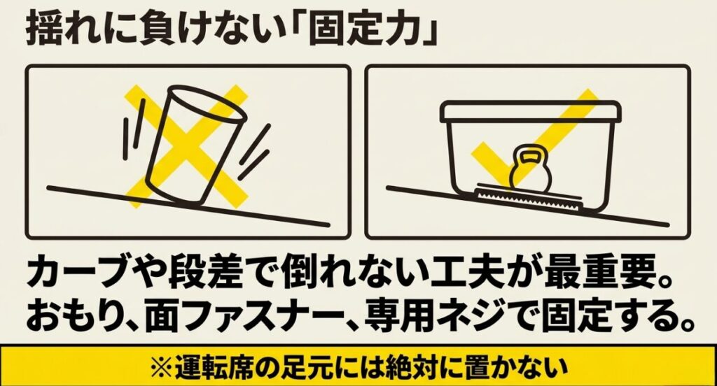 おもり・面ファスナー・専用ネジでジムニーのゴミ箱を固定し転倒を防ぐ方法