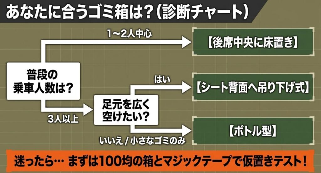 ジムニーの乗車人数と足元スペースから後席中央、吊り下げ式、ボトル型を選ぶ診断チャート