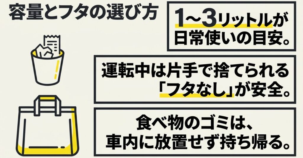 日常使いは1〜3リットルを目安にし片手で捨てやすいフタ形状を選ぶポイント