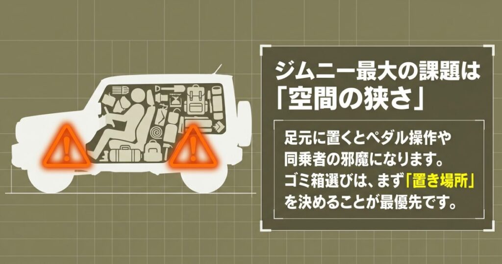ジムニーは車内空間が狭いため足元を避けてゴミ箱の置き場所から決めることが重要