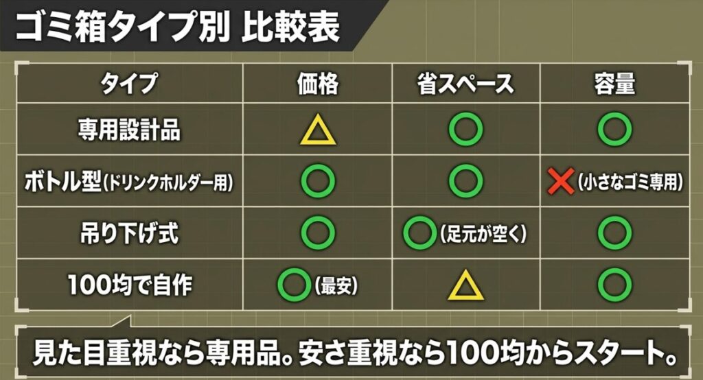 ジムニーの専用設計品、ボトル型、吊り下げ式、100均自作ゴミ箱を価格・省スペース・容量で比較