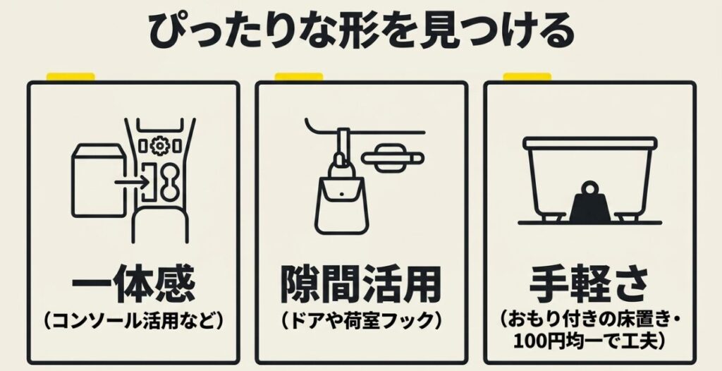 コンソール一体型、ドアや荷室の隙間活用型、おもり付き床置き型を比較した図