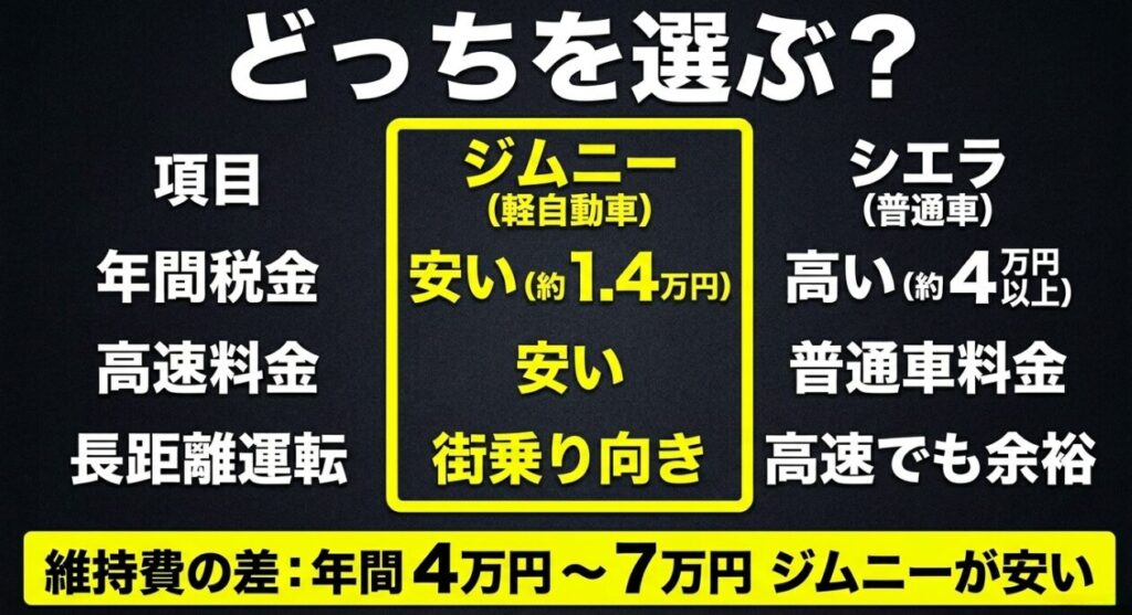 ジムニーとジムニーシエラの税金、高速料金、長距離運転、年間維持費の違いを比較