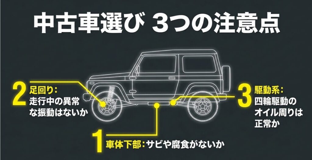 中古ジムニーで確認したい車体下部のサビや腐食、走行中の足回りの振動、四輪駆動系オイルの状態