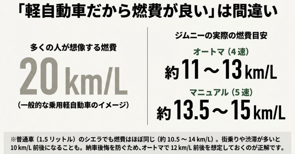 一般的な軽自動車の想定燃費20km/Lに対し、ジムニーの実燃費は4ATが約11~13km/L、5MTが約13.5~15km/Lと比較した図