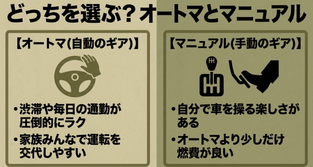 渋滞や毎日の通勤、家族との共用に向く4ATと、運転の楽しさや燃費を重視する人に向く5MTの特徴を比較した図