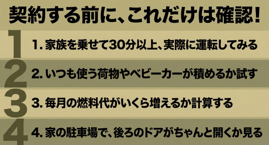 家族同乗での30分以上の試乗、荷物やベビーカーの積載、毎月の燃料代、駐車場でのバックドア開閉を確認するチェックリスト