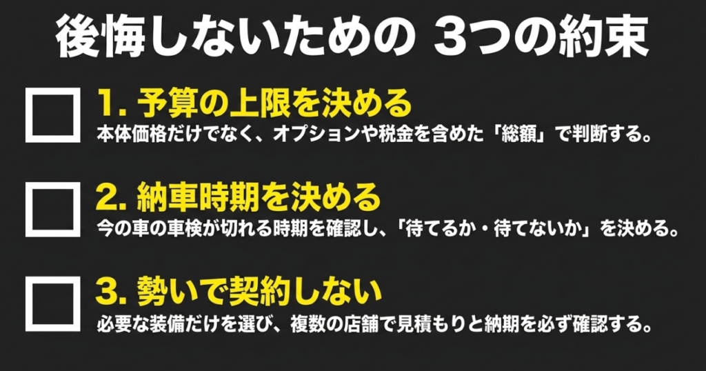 ジムニー購入前に予算の上限、必要な納車時期、必要装備を決める3つのチェックポイントを示したスライド