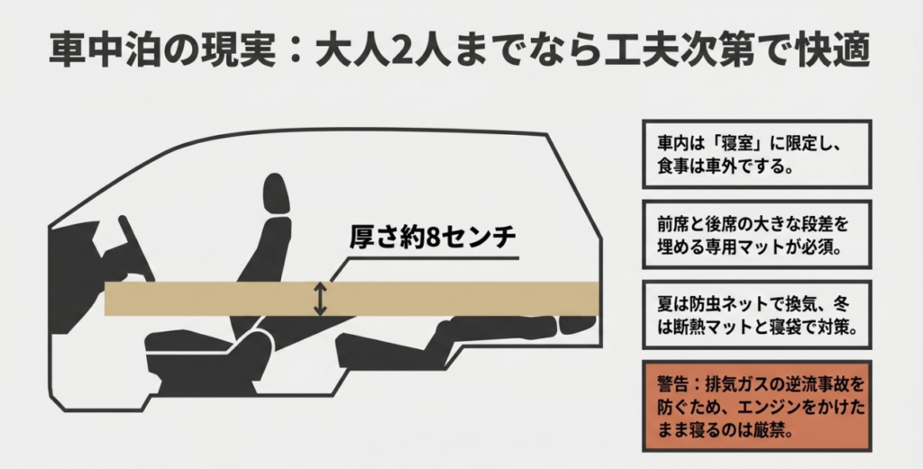 ジムニーで大人2人が車中泊する際に、車内を寝室に限定し、厚さ約8cmのマットで段差を解消する方法と換気、断熱、排気ガスへの注意点を示した図