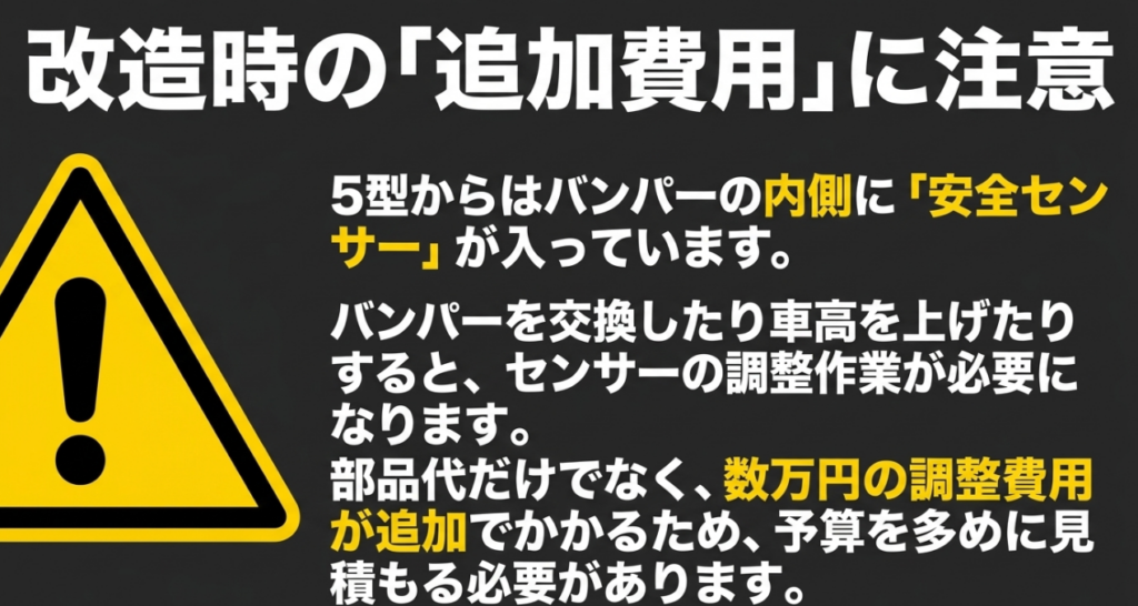ジムニー5型のバンパー交換やリフトアップでエーミング費用が追加される可能性を示した注意スライド