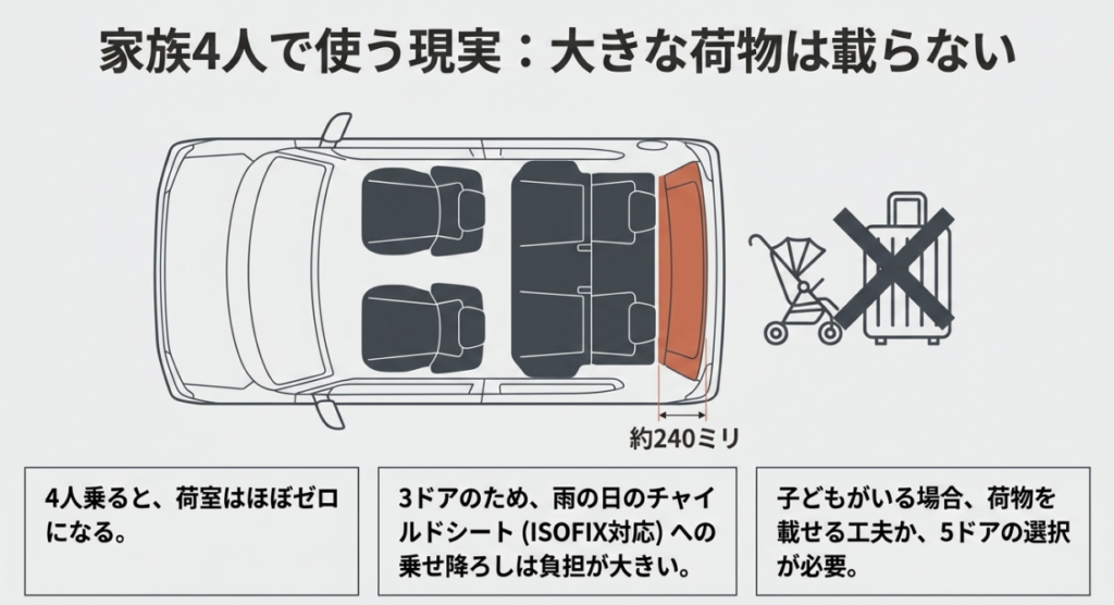 ジムニーは4人乗車時の荷室床面長が約240mmとなり、大きな荷物やベビーカーを積みにくく、3ドアではチャイルドシートへの乗せ降ろしも大変になることを示した図