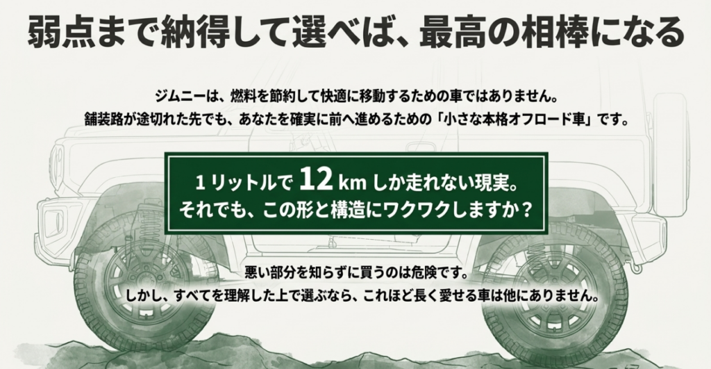 ジムニーは実燃費12km/L程度でも、このデザインと構造に魅力を感じられるかを問い、弱点まで理解して選ぶ大切さを示したまとめ