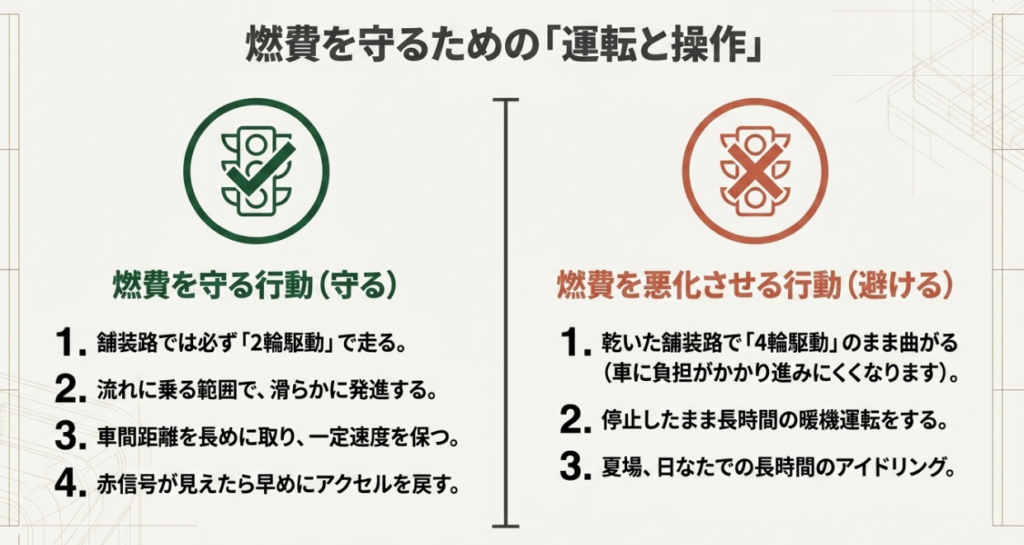舗装路では2Hを使用し、滑らかな発進、長めの車間距離、早めのアクセルオフを心がけ、4Hの常用や長時間の暖機運転を避ける燃費改善策