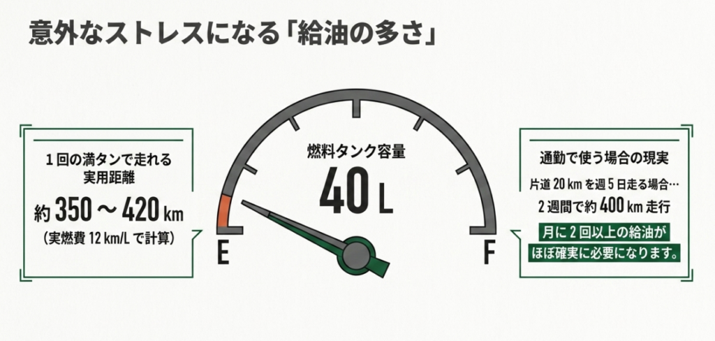 40Lの燃料タンクと実燃費12km/Lを前提に、実用航続距離約350~420km、通勤では月2回以上の給油が必要になる目安を示した図