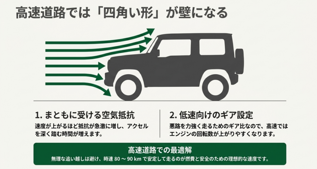 ジムニーの四角いボディによる空気抵抗と低速向けギア設定を示し、高速道路では80~90km/h前後の安定した巡航が燃費面で理想と説明する図