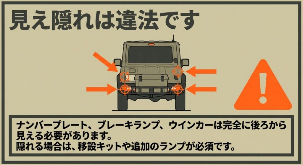 ヒッチキャリアの荷物でジムニーのナンバープレート、ブレーキランプ、ウインカーを隠さないための確認箇所