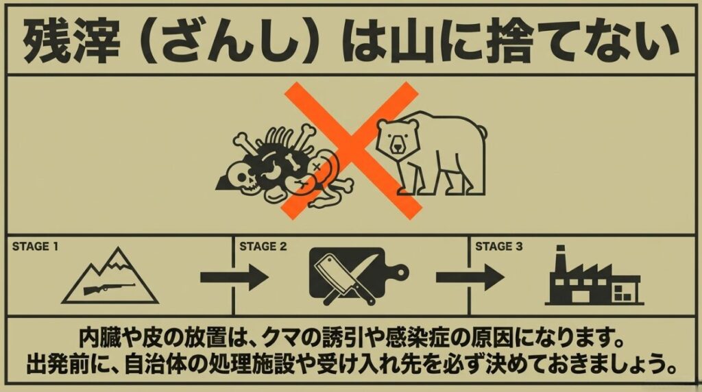 狩猟後の内臓や皮などの残滓を山へ放置せず、自治体の処理施設や受け入れ先へ運ぶ流れ