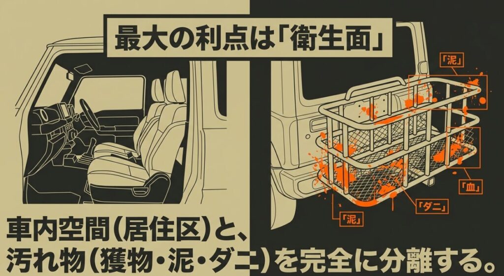 ジムニーの車内とヒッチキャリアを分け、獲物に付着した泥や血液、ダニを車外で運ぶイメージ
