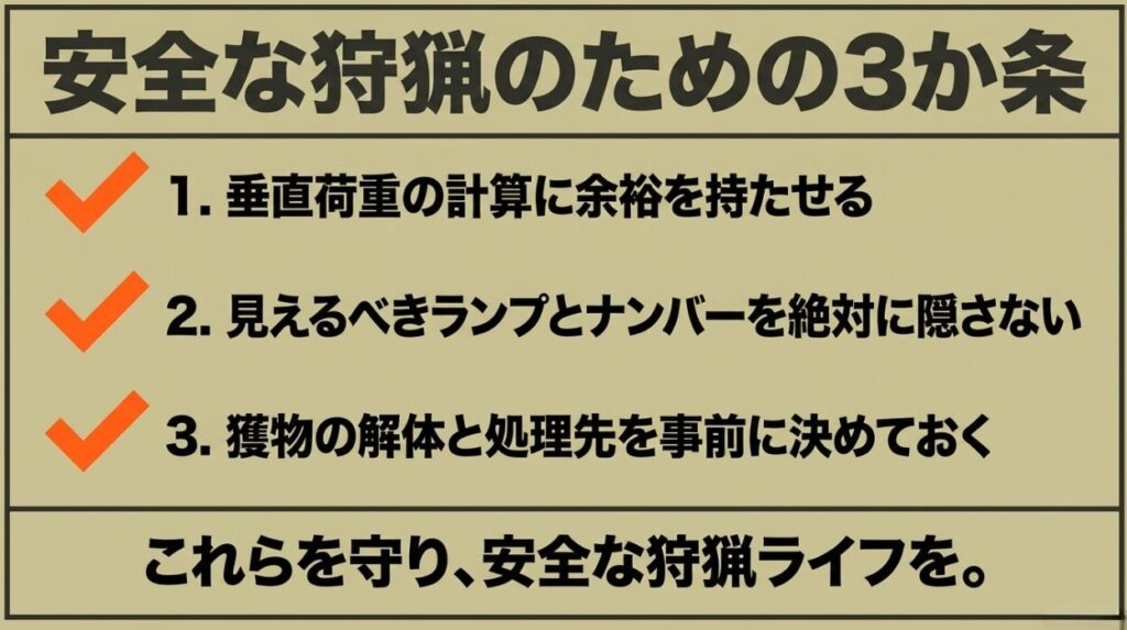 垂直荷重に余裕を持つ、ナンバーとランプを隠さない、獲物の解体と処理先を事前に決める3原則