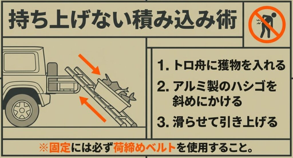 獲物を入れたトロ舟をアルミ製ラダーに載せ、持ち上げずにヒッチキャリアへ引き上げる方法