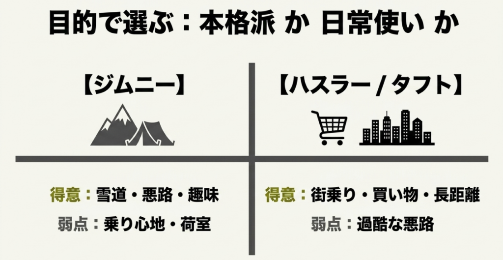 雪道や悪路に向くジムニーと街乗りや買い物に向くハスラー・タフトの用途別比較