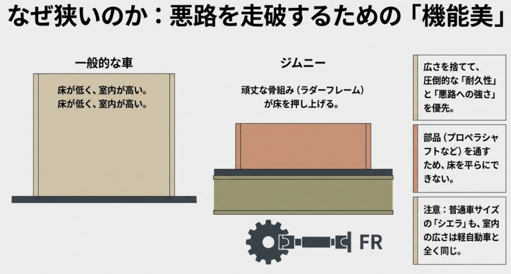 一般的な車とジムニーの床構造を比較し、ラダーフレームやFRレイアウトなど悪路走破性を優先した構造が室内を狭くする理由を示した図