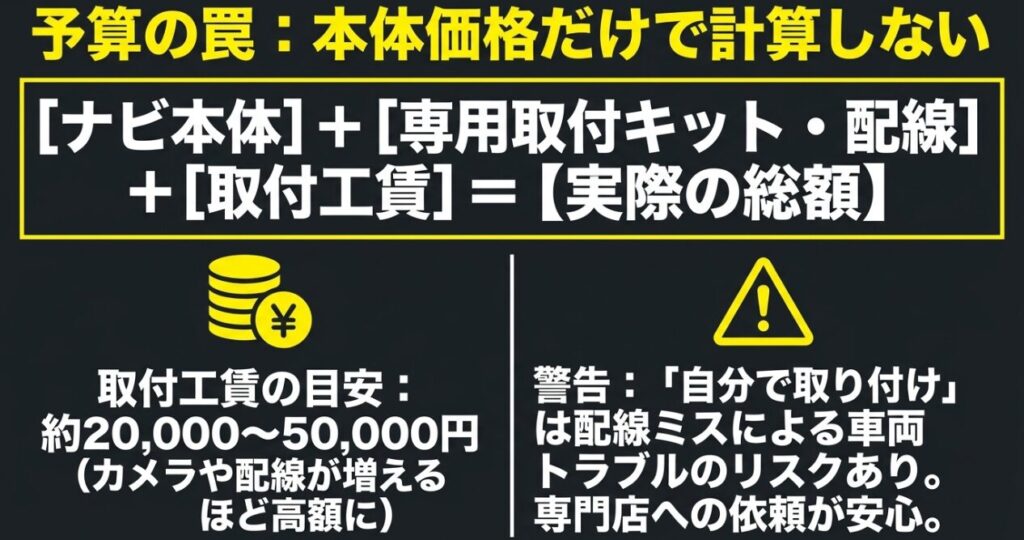 ジムニーのナビ本体、専用取り付けキット、配線、工賃を含む総額とDIYによる配線トラブルのリスクを示した図