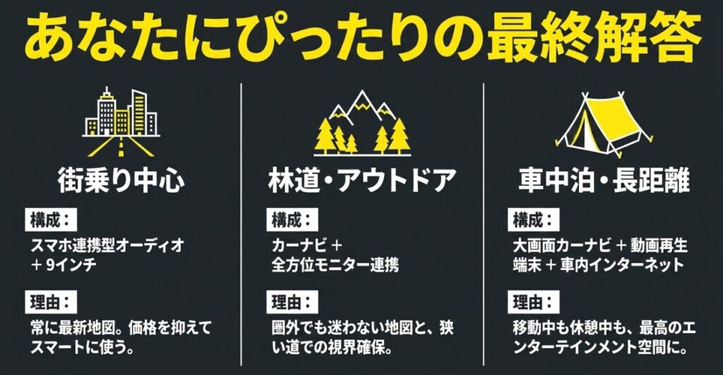 街乗り、林道やアウトドア、車中泊や長距離移動の用途別にジムニーへおすすめするナビ構成をまとめた図