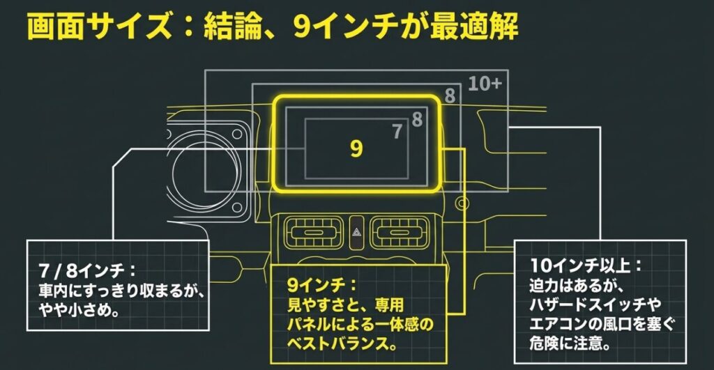 ジムニーに取り付ける7・8・9・10インチ以上のナビ画面を比較し、9インチをバランスのよいサイズとして示した図