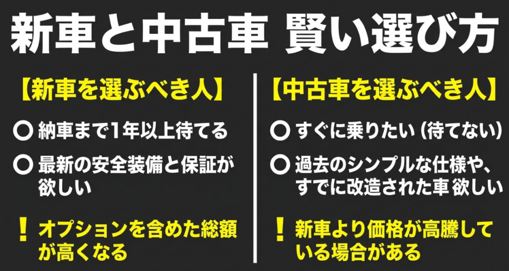 ジムニーの新車と中古車について向いている人と購入時に注意したいポイントを比較したスライド