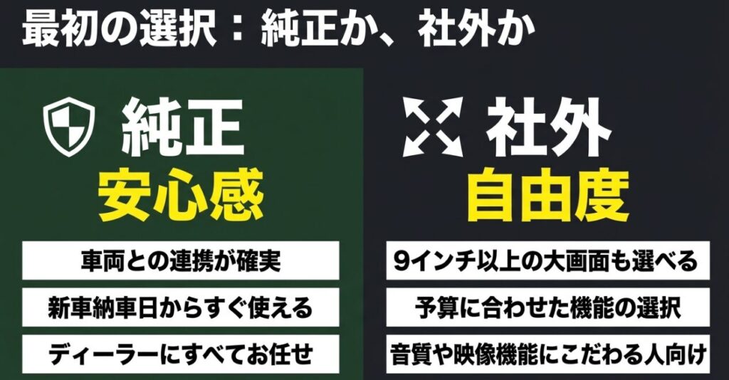 ジムニーの純正ナビは安心感、社外ナビは画面サイズや機能を選べる自由度が強みであることを比較した図