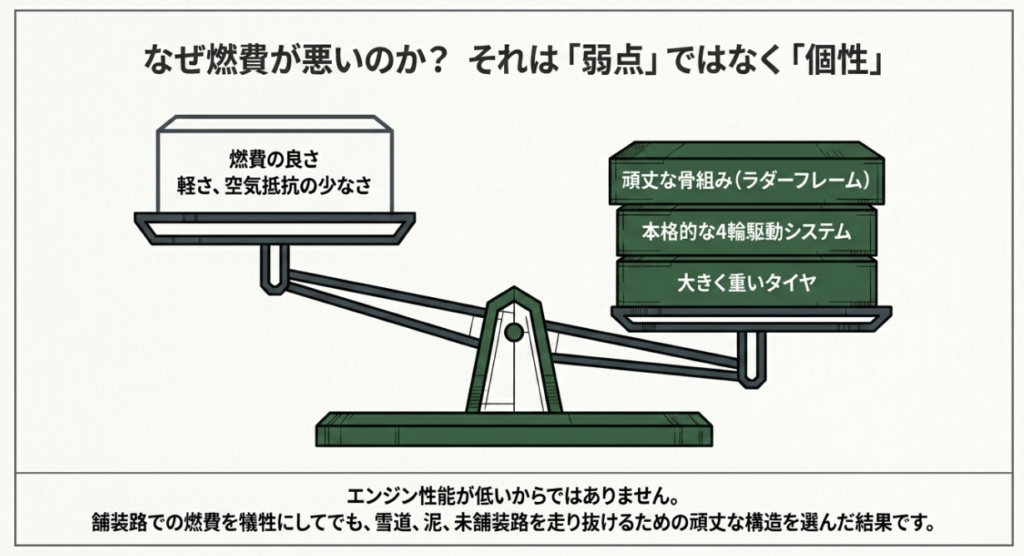 燃費に有利な軽さや空気抵抗の小ささに対し、ラダーフレーム、本格4WD、重いタイヤがジムニーの燃費に影響する構造を天秤で示した図
