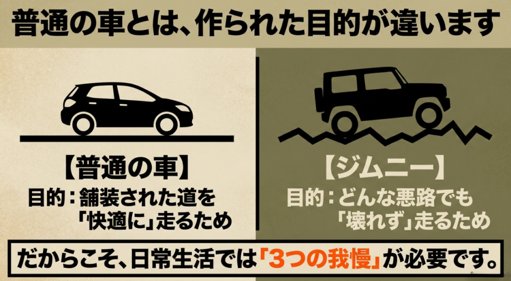 舗装路を快適に走る普通の車と悪路を壊れず走るジムニーの設計目的の違い、日常生活で生じる3つの我慢を示した図