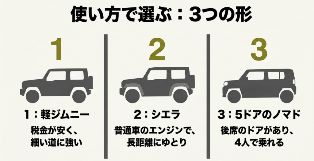 軽ジムニー、ジムニーシエラ、5ドアのジムニーノマドを使い方で選ぶ比較