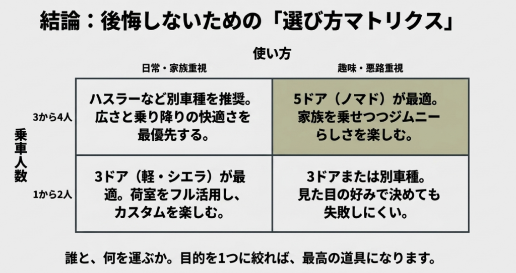 乗車人数と日常・家族重視または趣味・悪路重視の使い方から、3ドア、5ドアのノマド、ハスラーなどの別車種を選び分けるマトリクス