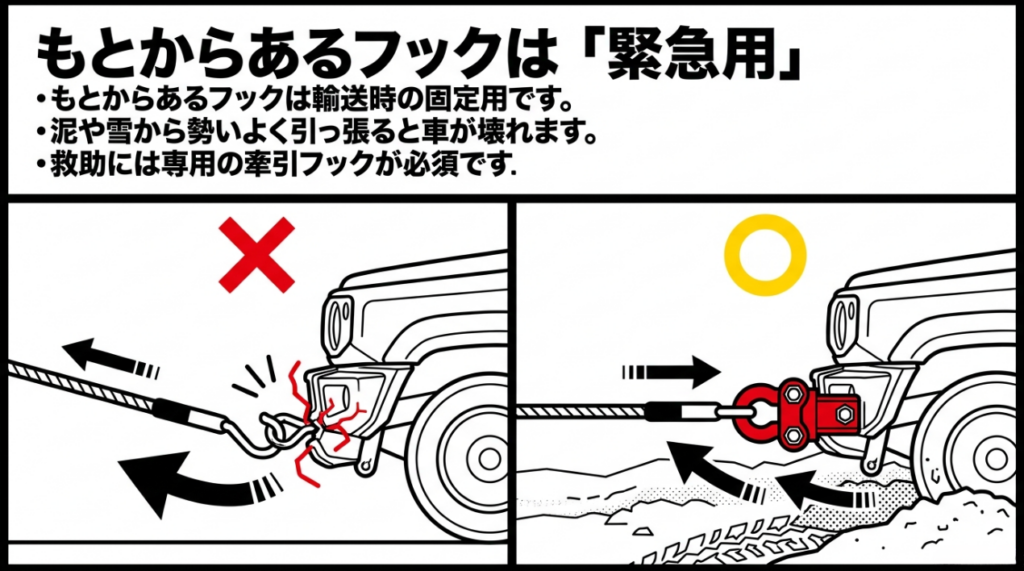 純正タイダウンフックを勢いよく引く危険な例と専用牽引フックで救助する例を比較した図
