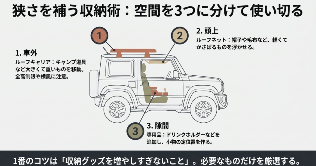 ジムニーの限られた空間を車外、頭上、車内の隙間に分け、ルーフキャリアやルーフネット、専用収納用品で活用する方法を示した図