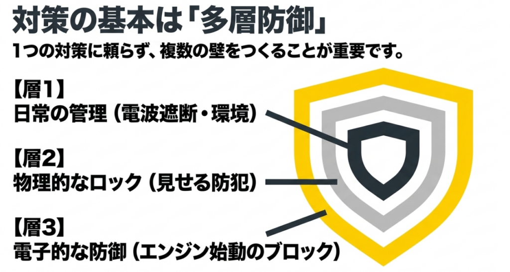 日常の管理、物理的なロック、電子的な防御を重ねるジムニー盗難対策の3層構造を示した図