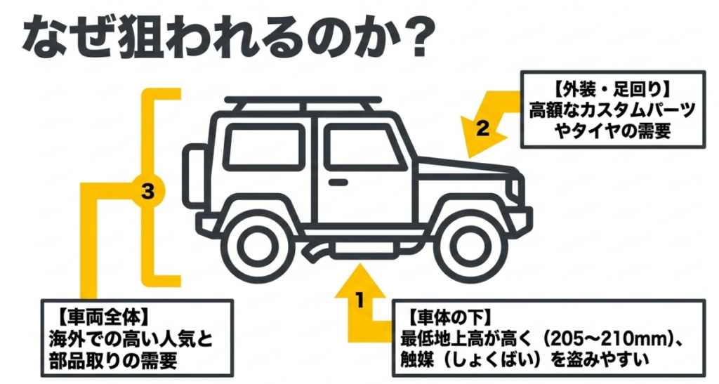 ジムニーの車両本体、外装や足回り、車体下の触媒が盗難対象になり得る理由を車体図で示したスライド