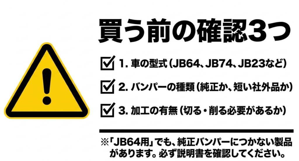 車両型式、バンパーの種類、切断や研削などの加工の有無を購入前に確認するチェックリスト
