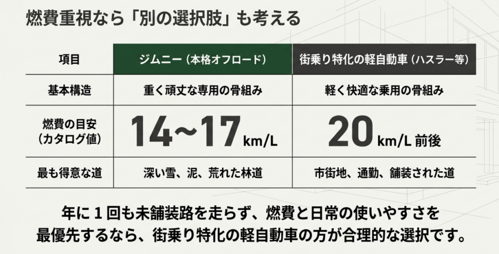 ジムニーとハスラーやタフトを車体構造、燃費、得意な道路で比較し、燃費と日常の使いやすさを重視する場合は街乗り向け軽自動車が合理的と示した表