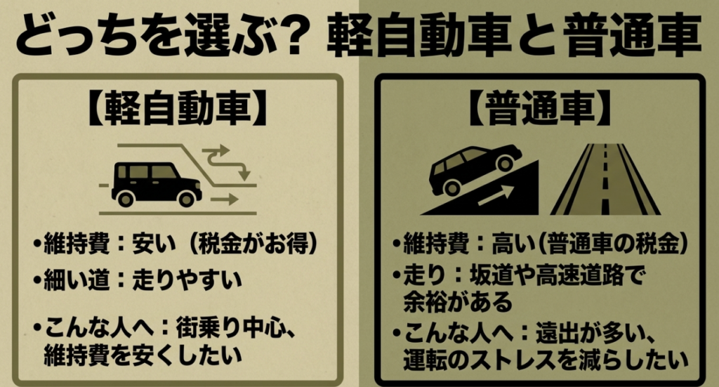 軽自動車のジムニーは維持費と細い道、普通車のジムニーシエラは坂道や高速道路での走りの余裕を重視する人向けという比較