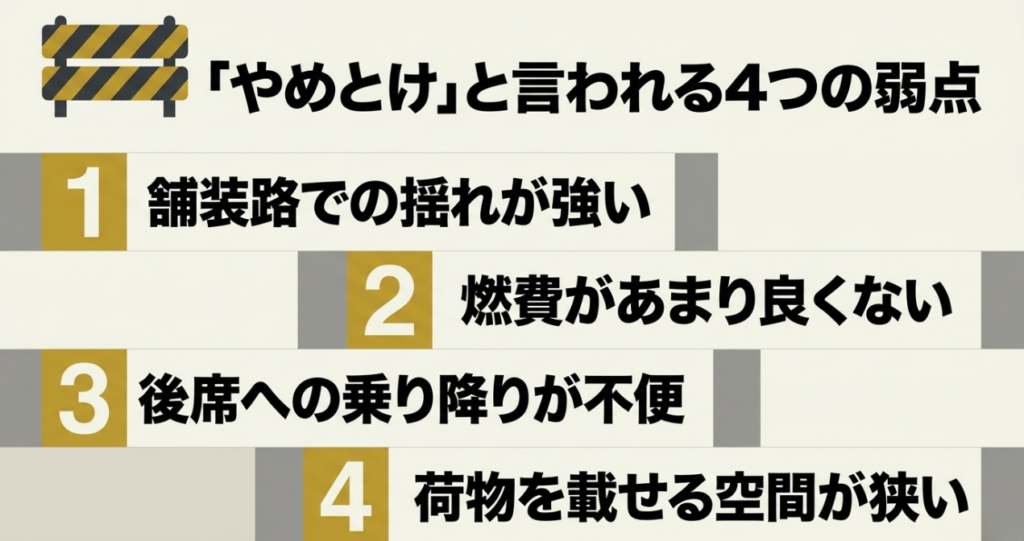 舗装路での揺れ、燃費、後席の乗降性、荷室の狭さというジムニーの4つの弱点